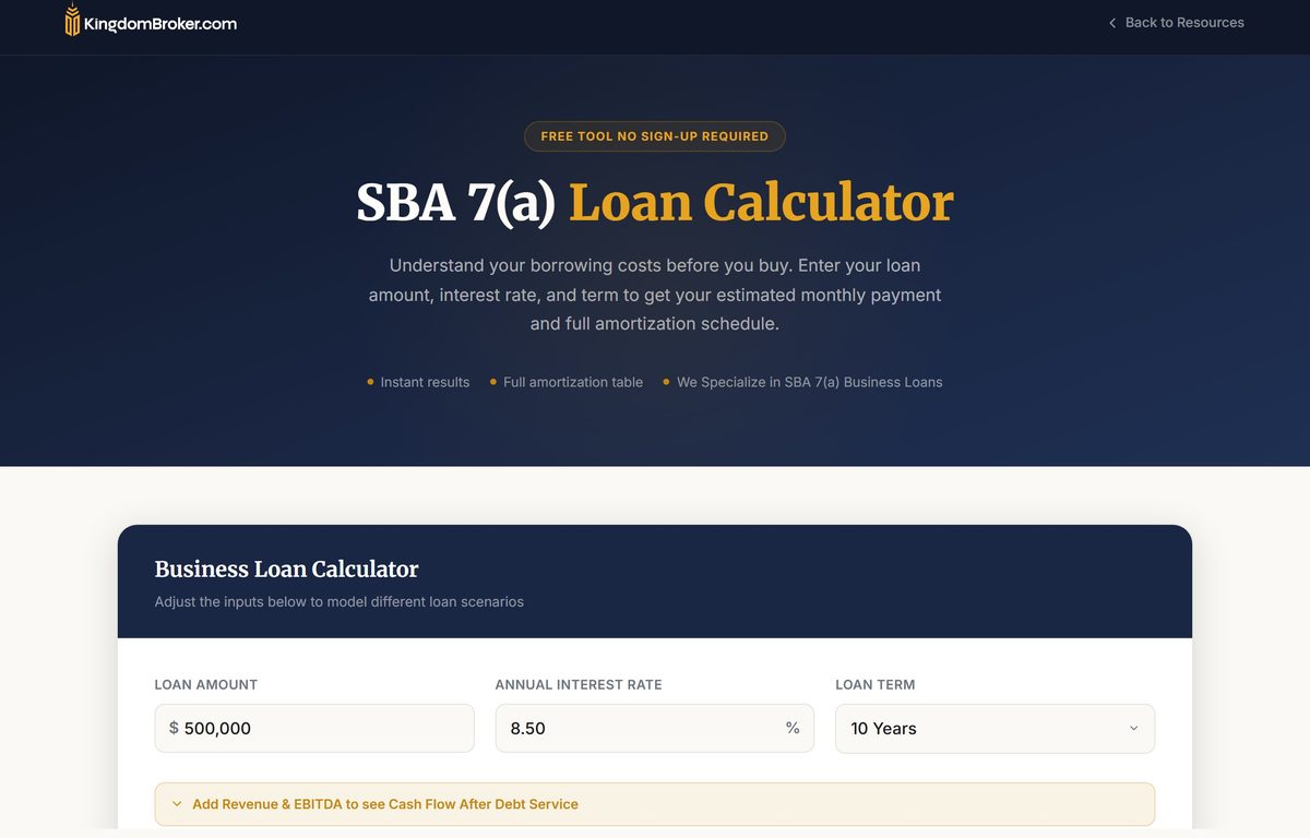 SBA 7(a) loan calculator built by Eric Skeldon